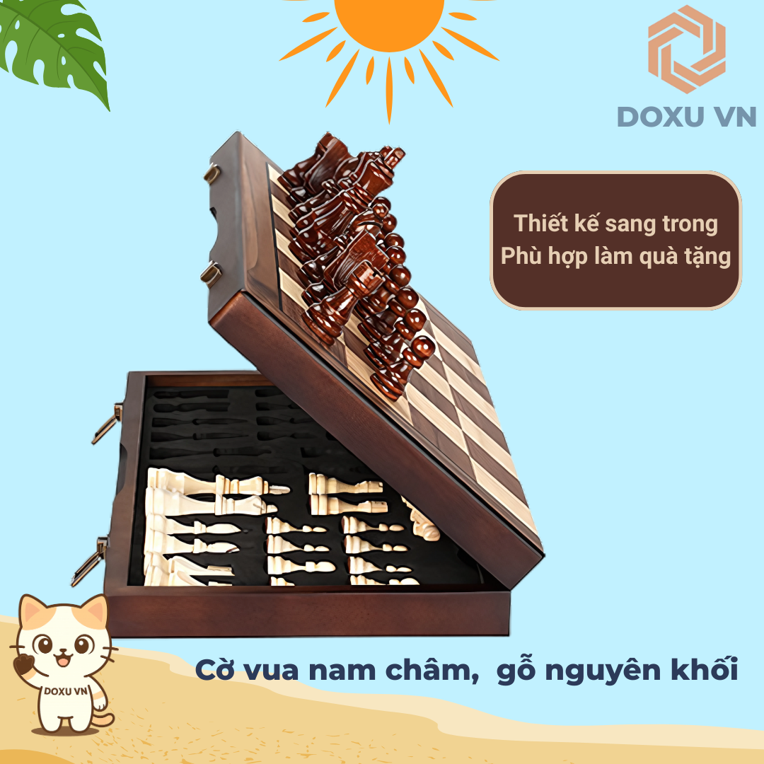 Bộ Cờ Vua Gỗ Óc Chó Nguyên Khối Cao Cấp 15 Inch – Tặng 2 Hậu – Có Nam Châm – Gấp Gọn Sang Trọng - Image 2