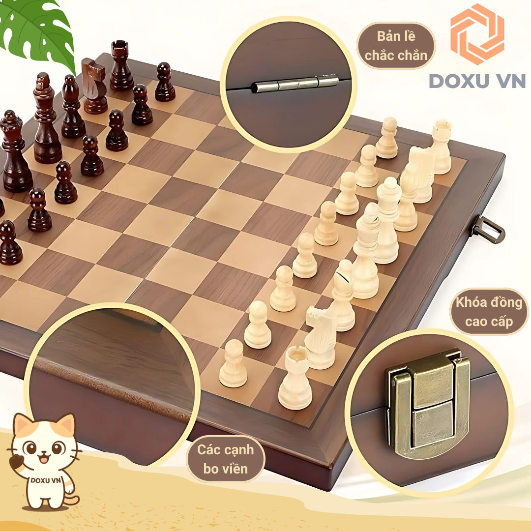 Bộ Cờ Vua Gỗ Óc Chó Nguyên Khối Cao Cấp 15 Inch – Tặng 2 Hậu – Có Nam Châm – Gấp Gọn Sang Trọng